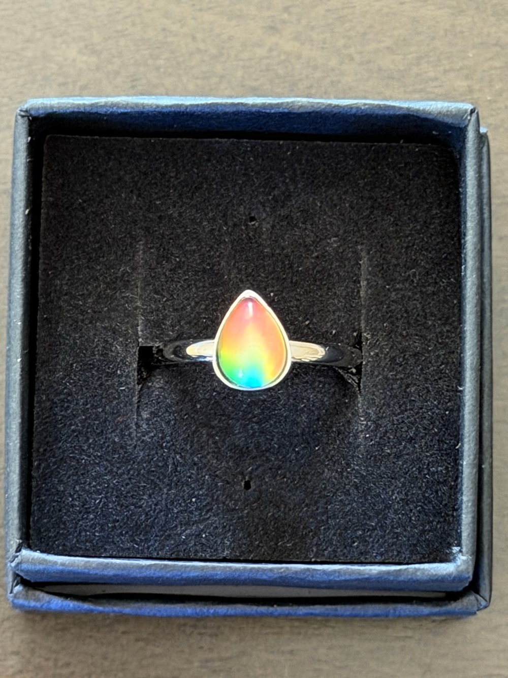 Teardrop Stone Pear Shape Bezel Stainless Steel Silver Mood Ring